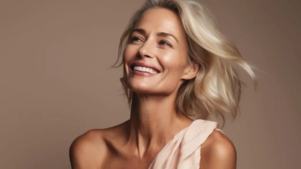 Smiling blonde woman with flowing hair