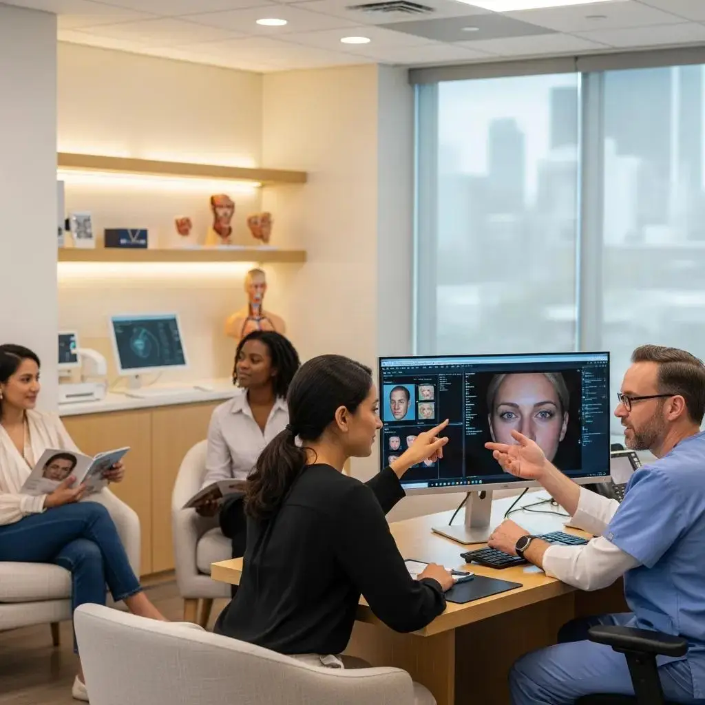 Consultation scene in a rhinoplasty clinic showcasing diverse patients and surgeons discussing nose surgery options