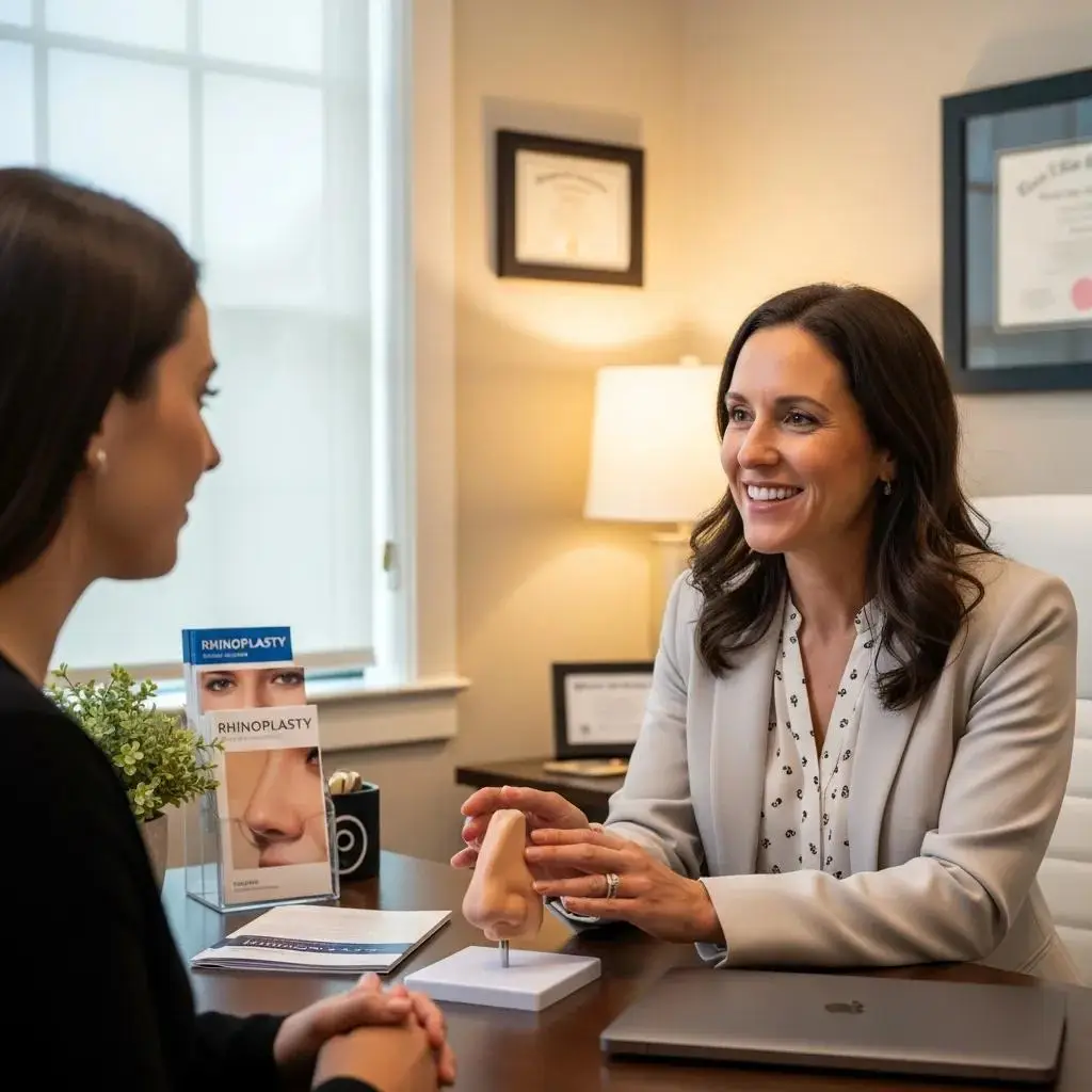 Surgeon explaining the rhinoplasty consultation process to a patient in a welcoming office environment