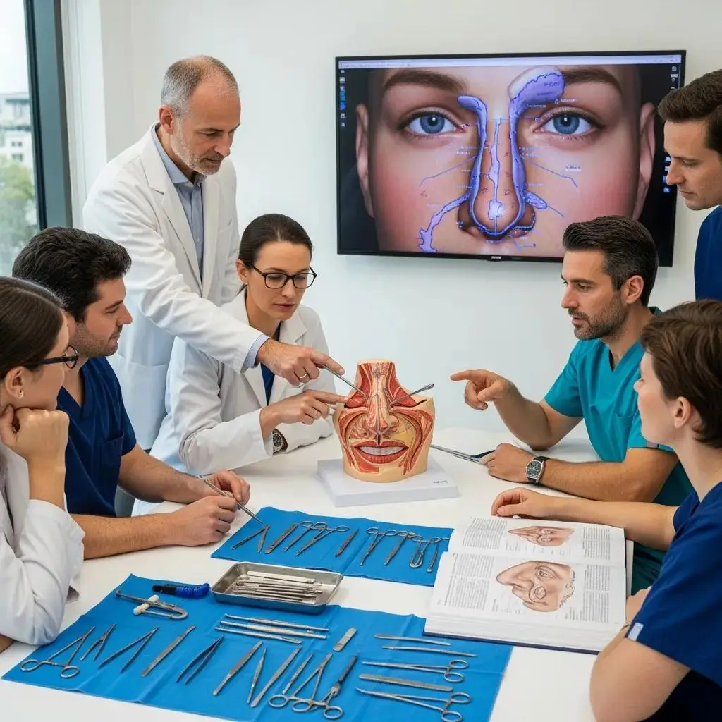Visual representation of different rhinoplasty techniques in a clinical setting, highlighting surgical tools and nose diagrams