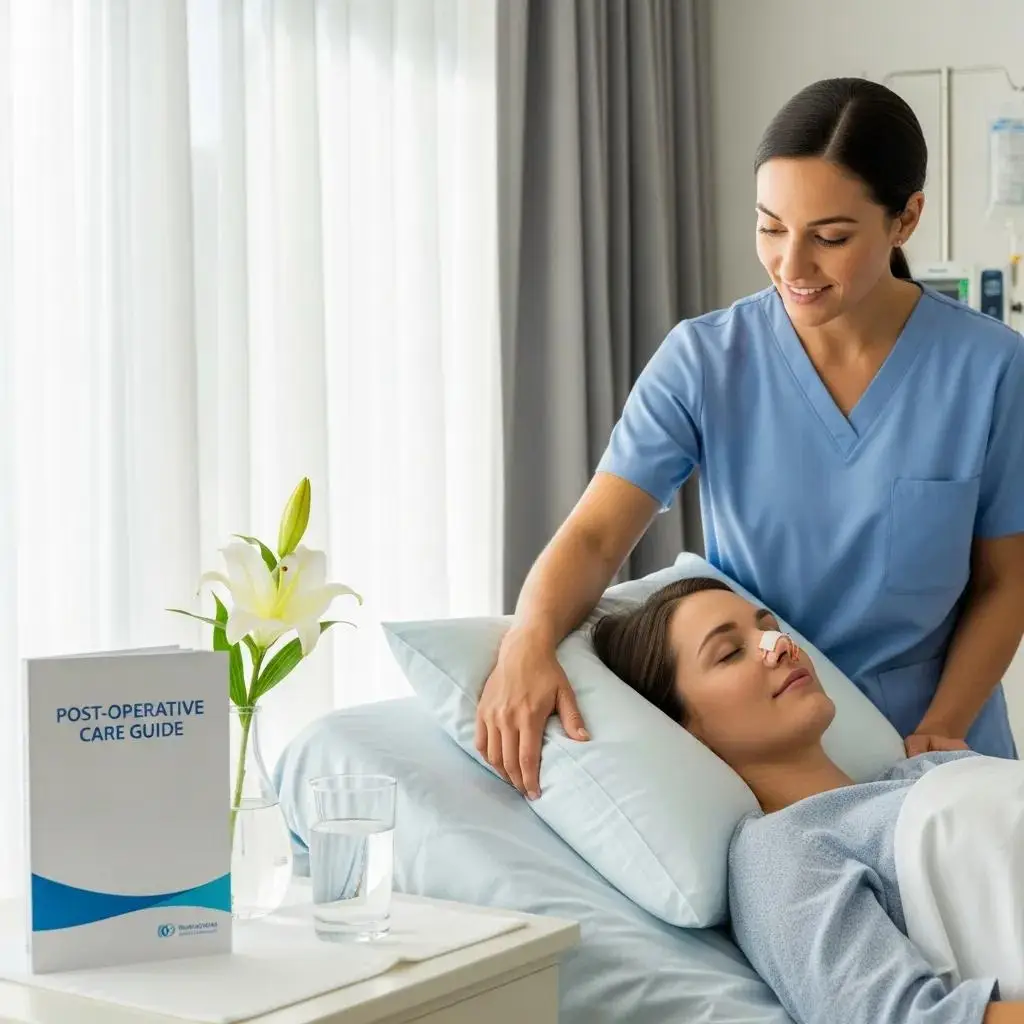 Nurse assisting patient in recovery after functional rhinoplasty with care guide