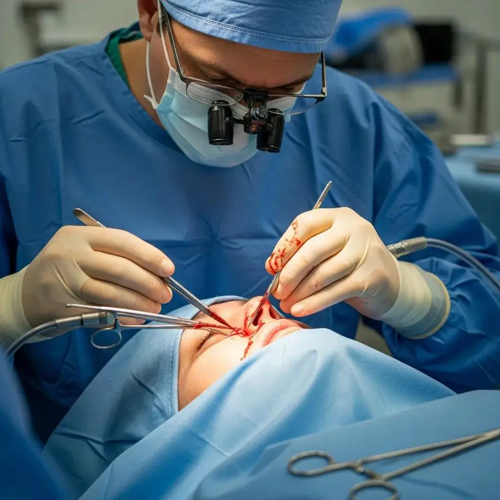 Surgeon performing functional rhinoplasty with surgical tools in an operating room