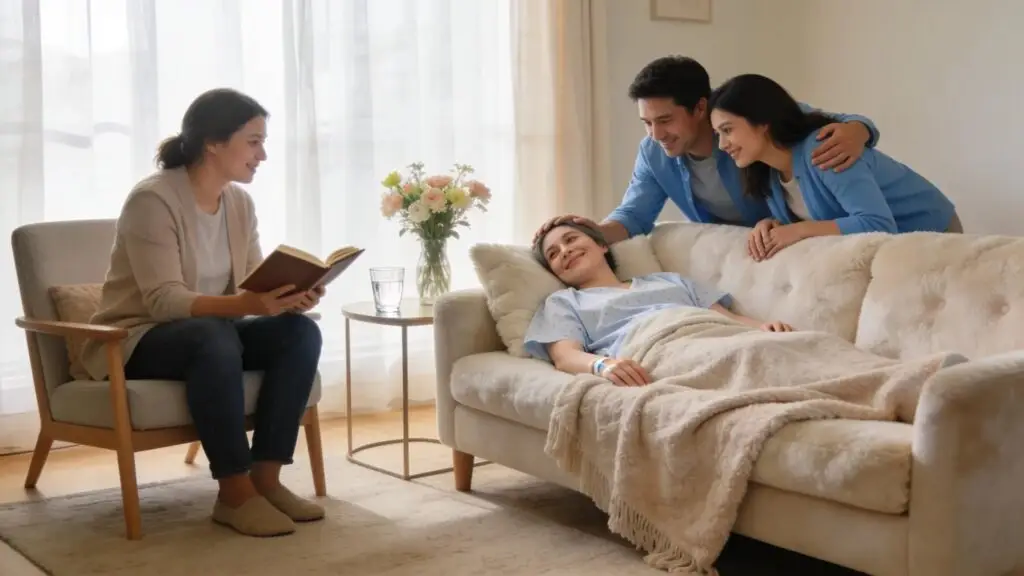 Patient relaxing at home during recovery after migraine surgery
