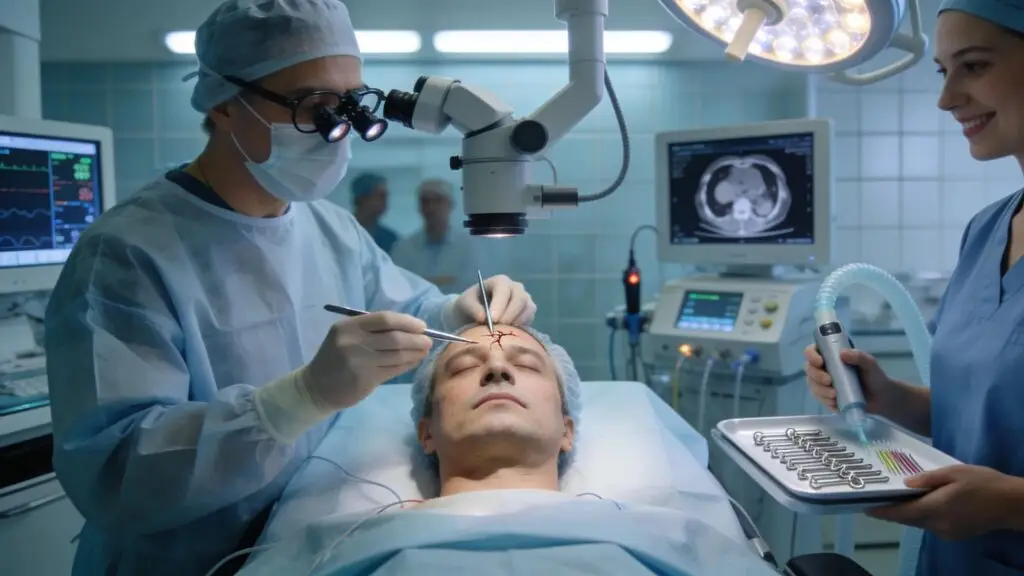Advanced surgical team performing trigger site decompression for migraine relief