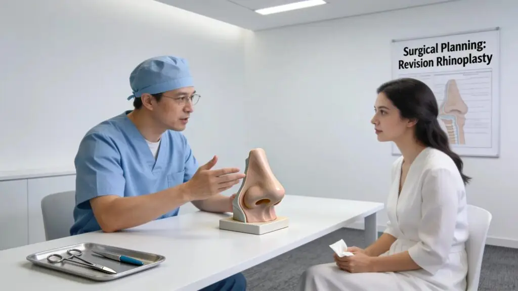 Surgeon consulting with a patient about revision rhinoplasty techniques in a modern clinic setting