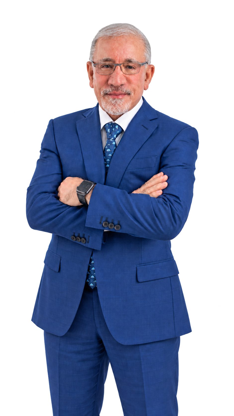 Dr. Bahman Guyuron wearing a blue suit and glasses, standing with his arms crossed against a white background.